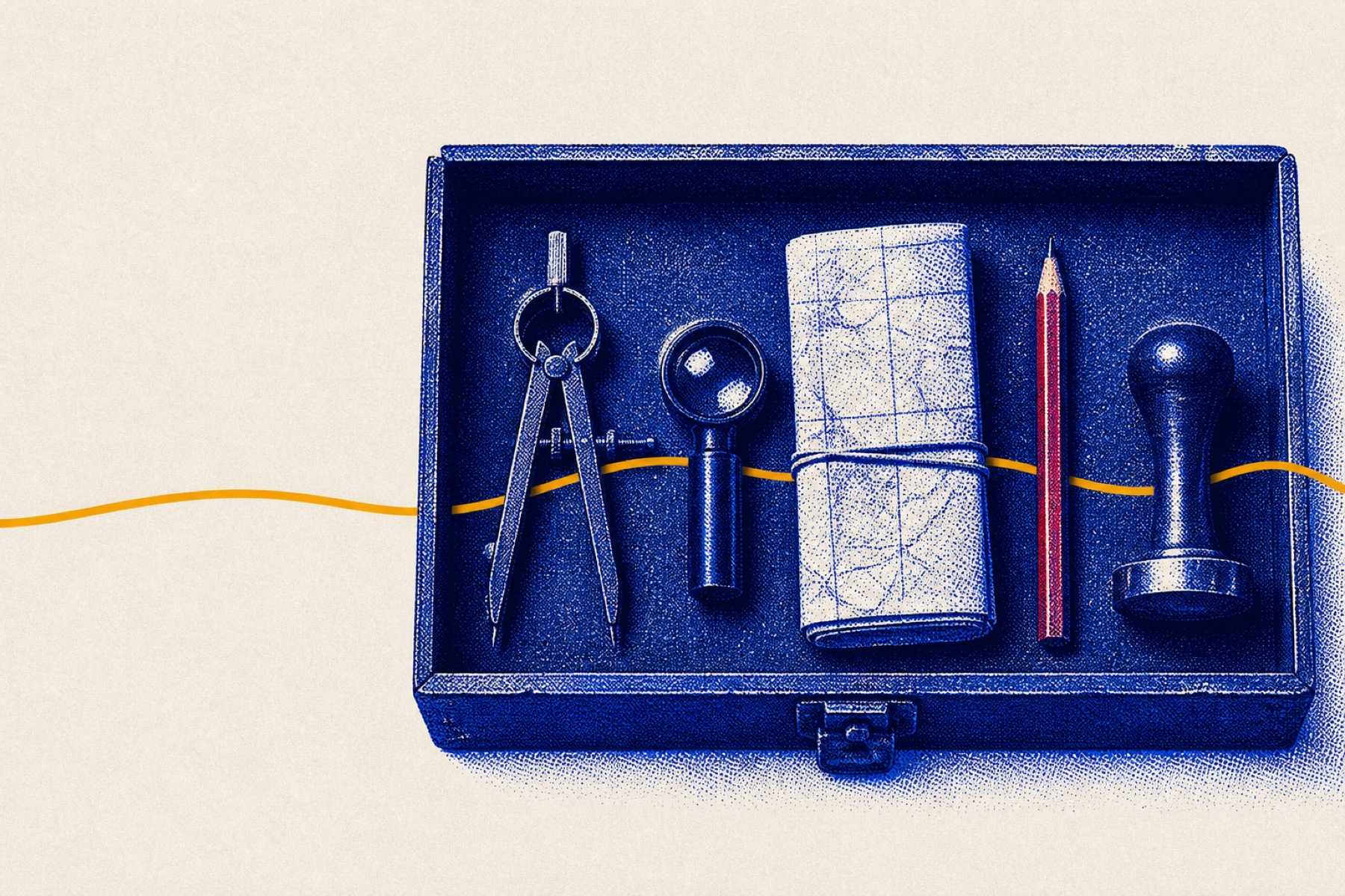 A Tradecraft field case holding a compass, lens, folded map, correction pencil, and verification stamp in a blue risograph style.